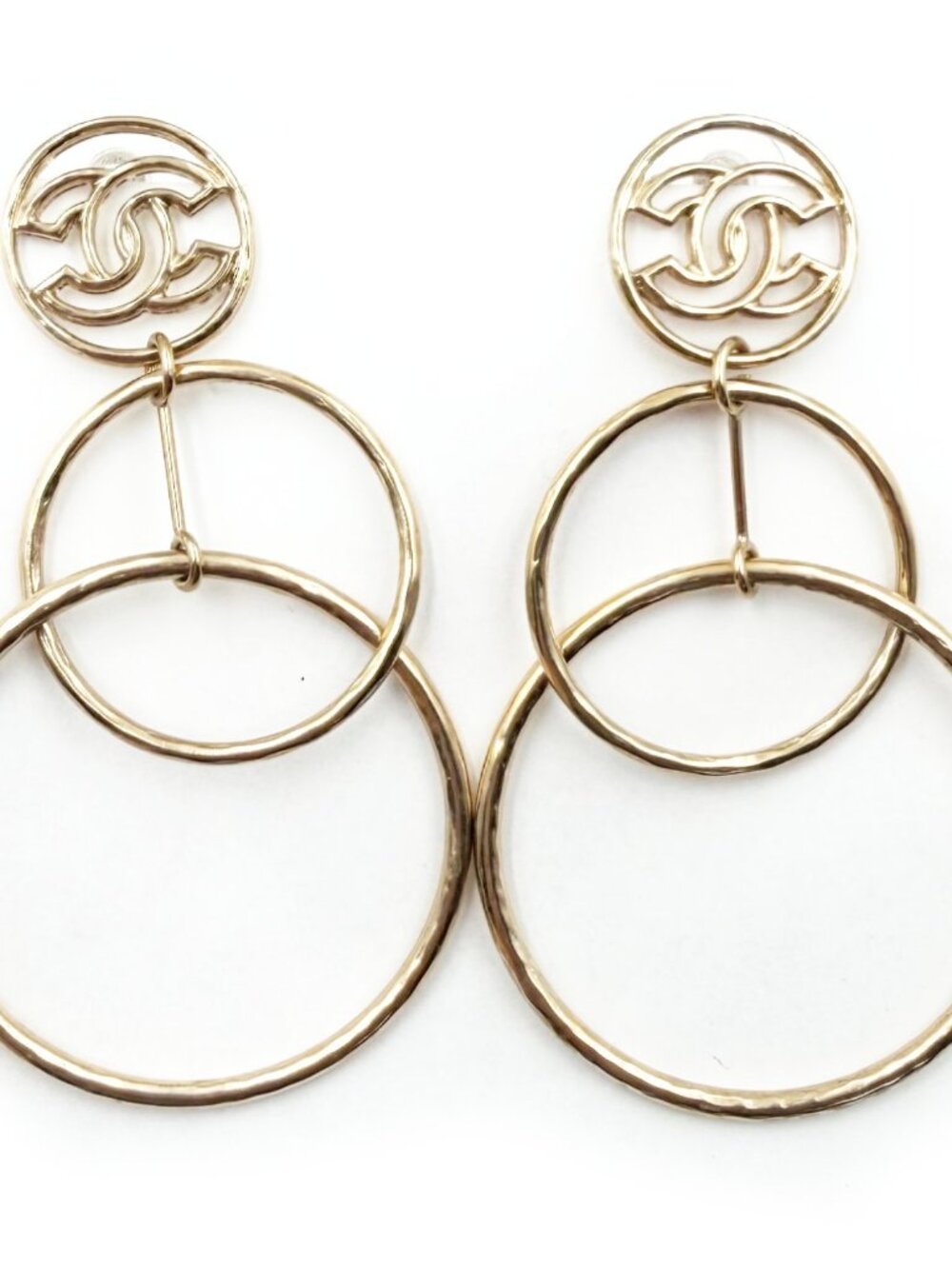 Chanel Gold Cutout cc 2 Large Ring Drop Piercing Earrings